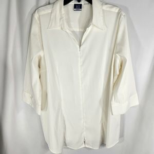 DCC Stretch Off White V Neck 3/4 Two Way Zip 3/4 Sleeve Top Plus Size 2X